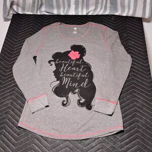 Disney Belle Beautiful Heart Mind Long Sleeve Gray Top